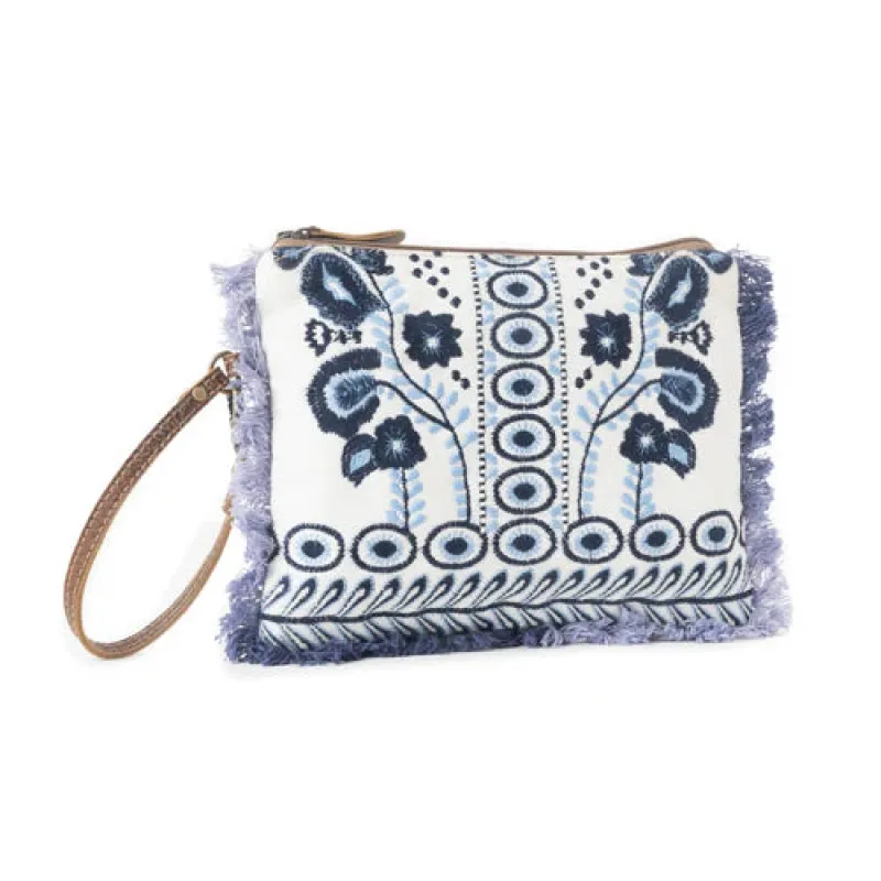 Mynora Sky Embroided Pouch in Artisanal Blue sold by Sunbeam