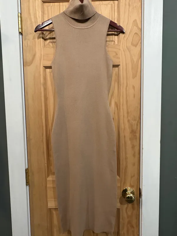 Sleeveless Turtleneck Bodycon Knit Dress- Light Beige made by Timing
