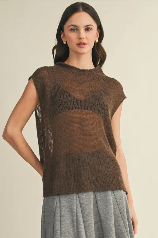 High Neck Sleeveless Sweater Top- Ash Brown made by Mustard Seed