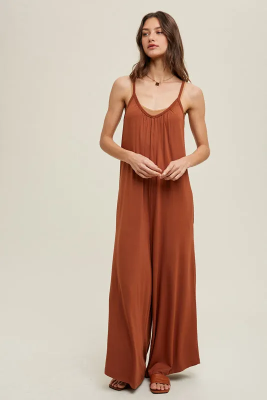 Wide Leg Knit Jumpsuit-Rust made by Wishlist