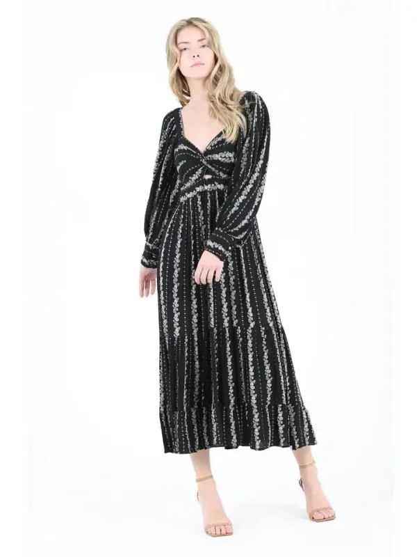 V Neck Twist Front Long Sleeve Maxi Dress - Black sold by Sunbeam