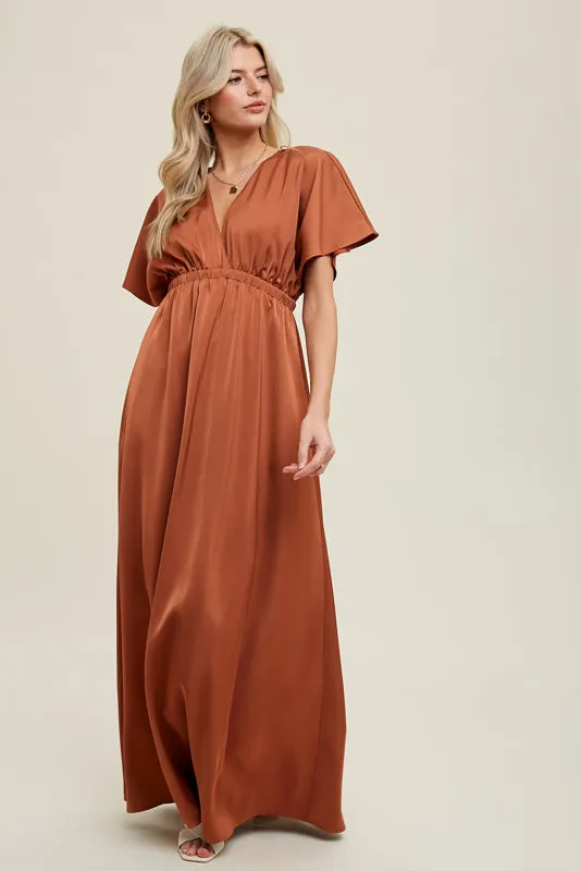 Satin Flutter Sleeve Maxi Dress - Copper made by Wishlist