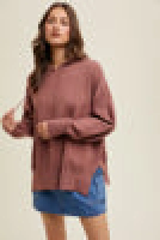 Hooded Sweater With Side Slits- Red Bean made by Wishlist