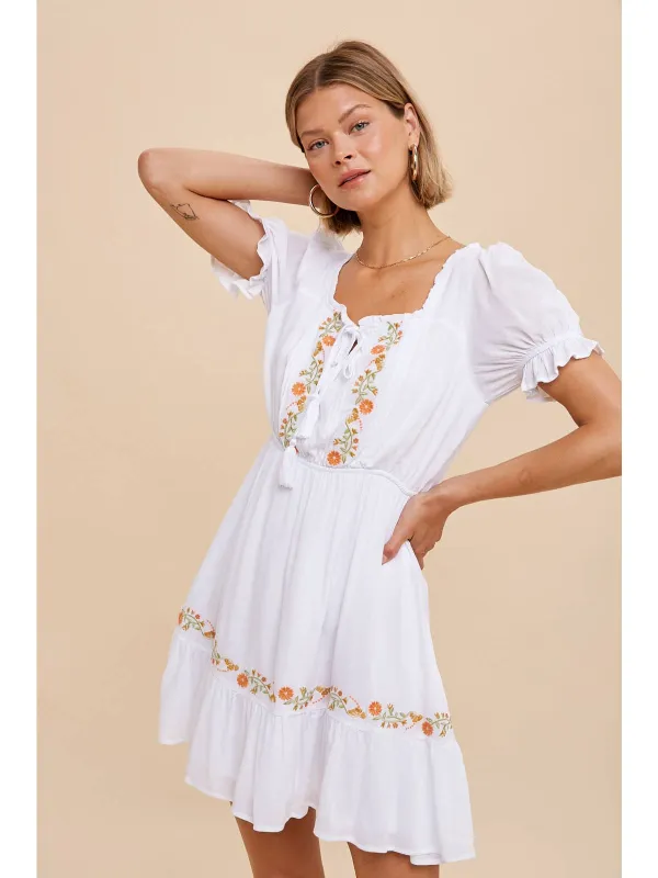 Floral Embroidery Peasant Mini Dress made by Inloom