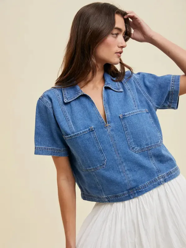 Collared Denim Top with Pockets made by Wishlist