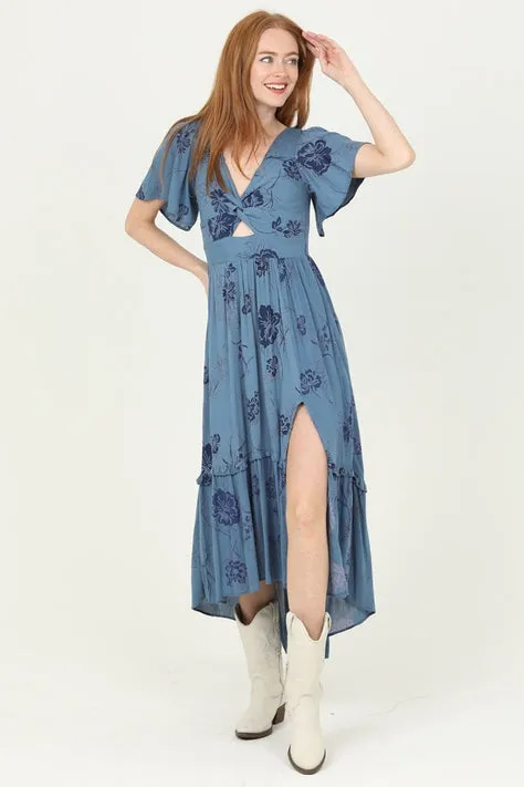 V Neck Twist Front Maxi Dress with Cut Out and Slit- Midnight sold by Sunbeam