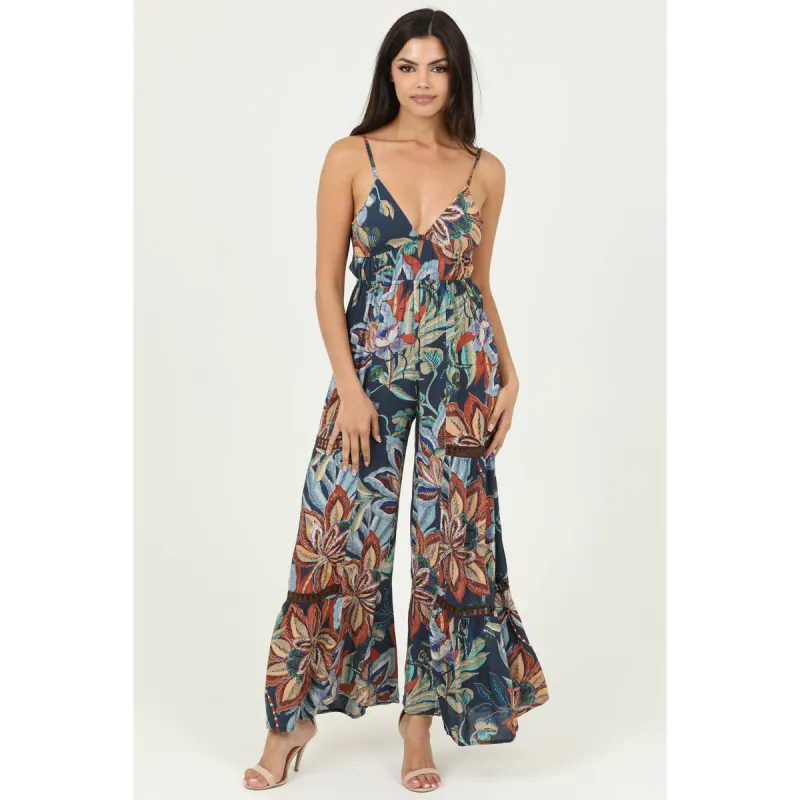 V Neck Open Tie Back Wide Leg with Lace Inset Jumpsuit made by Angie