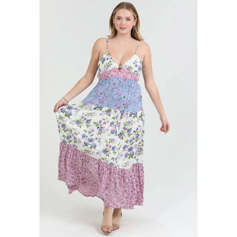 V Neck Open Tie Back Mixed Print Maxi Dress made by Angie