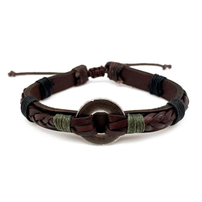 Aadi Pewter Ring Green Twine Brown Leather Men's Bracelet made by Sunbeam