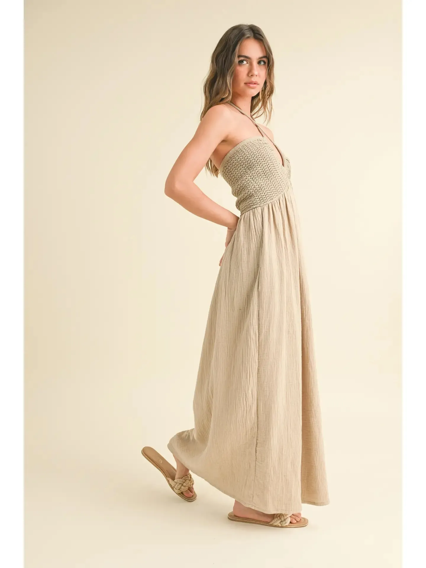 Washed Gauze with Crochet Top Contrast Dress - Sand sold by Sunbeam product image thumbnail 3