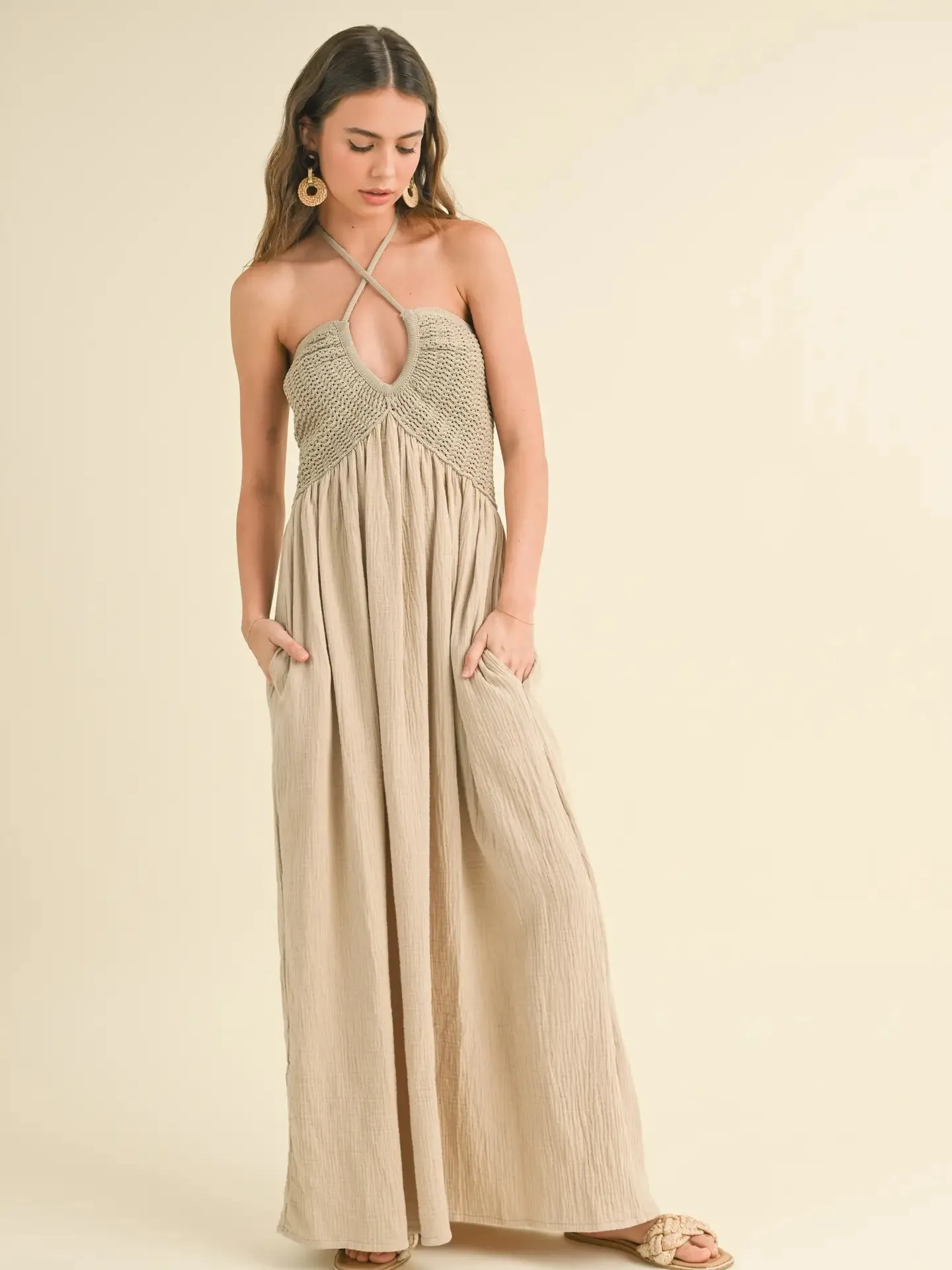 Washed Gauze with Crochet Top Contrast Dress - Sand sold by Sunbeam