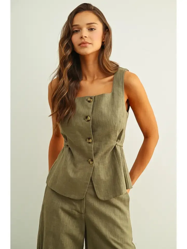Square Neck Sleeveless Vest with Button Front- Olive sold by Sunbeam product image thumbnail 2