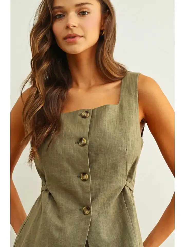 Square Neck Sleeveless Vest with Button Front- Olive sold by Sunbeam