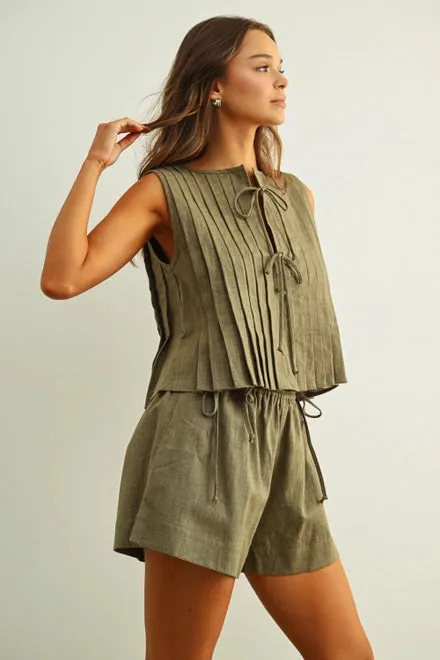 Elastic Band Waist with Tied On the Side Shorts- Olive sold by Sunbeam product image thumbnail 3