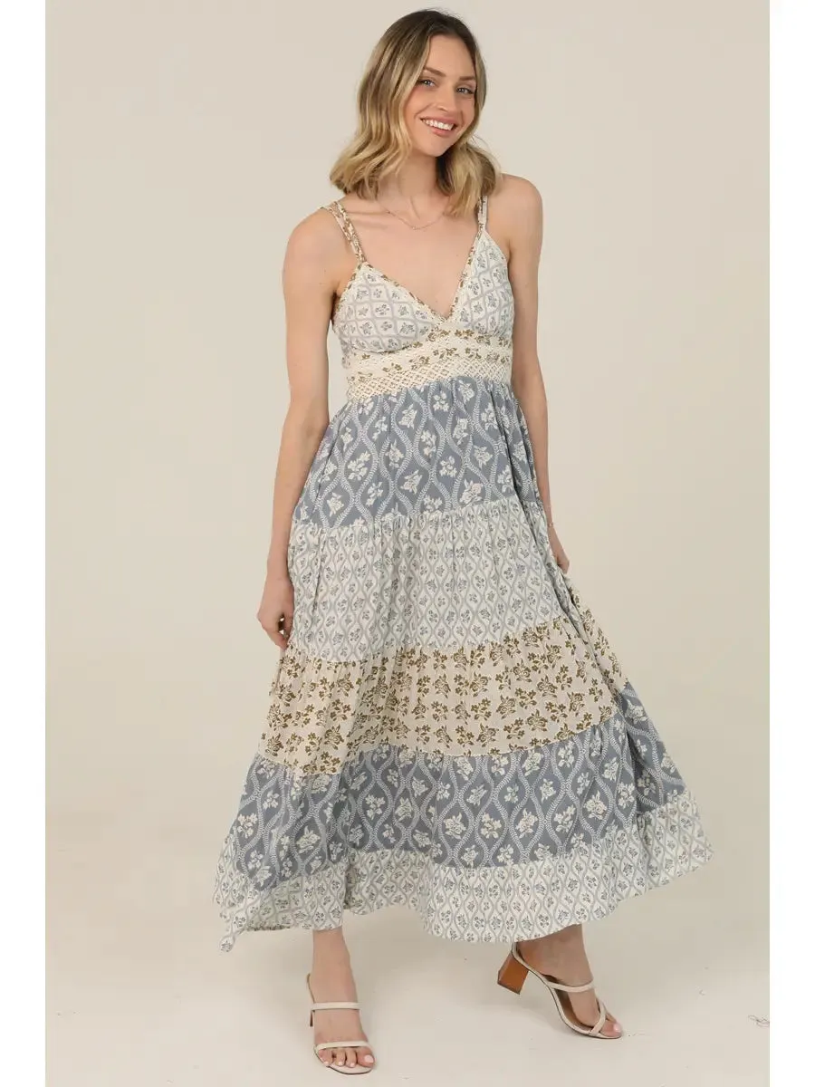 V Neck Mix Print Lace Trim Maxi Dress sold by Sunbeam