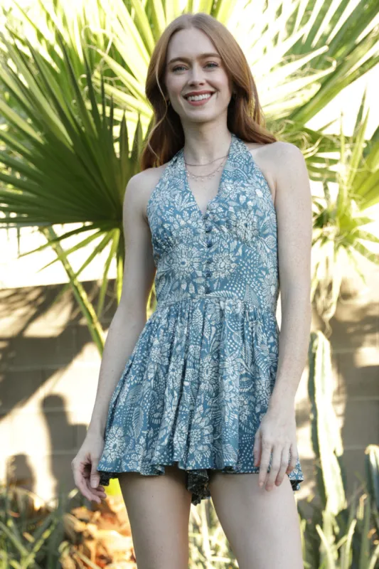 Blue Floral Collared Halter Romper made by Angie