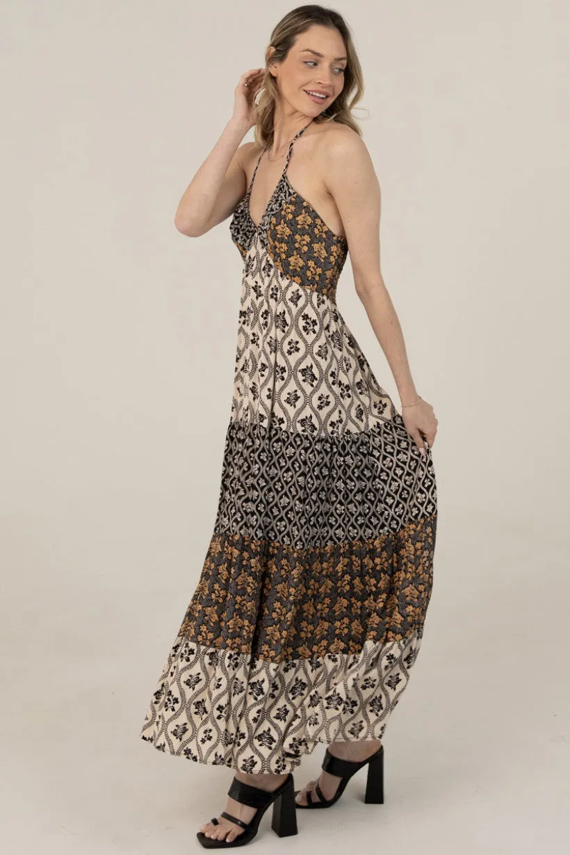 Halter Tie Mixed Print Maxi Dress- Ivory/Black sold by Sunbeam product image thumbnail 5