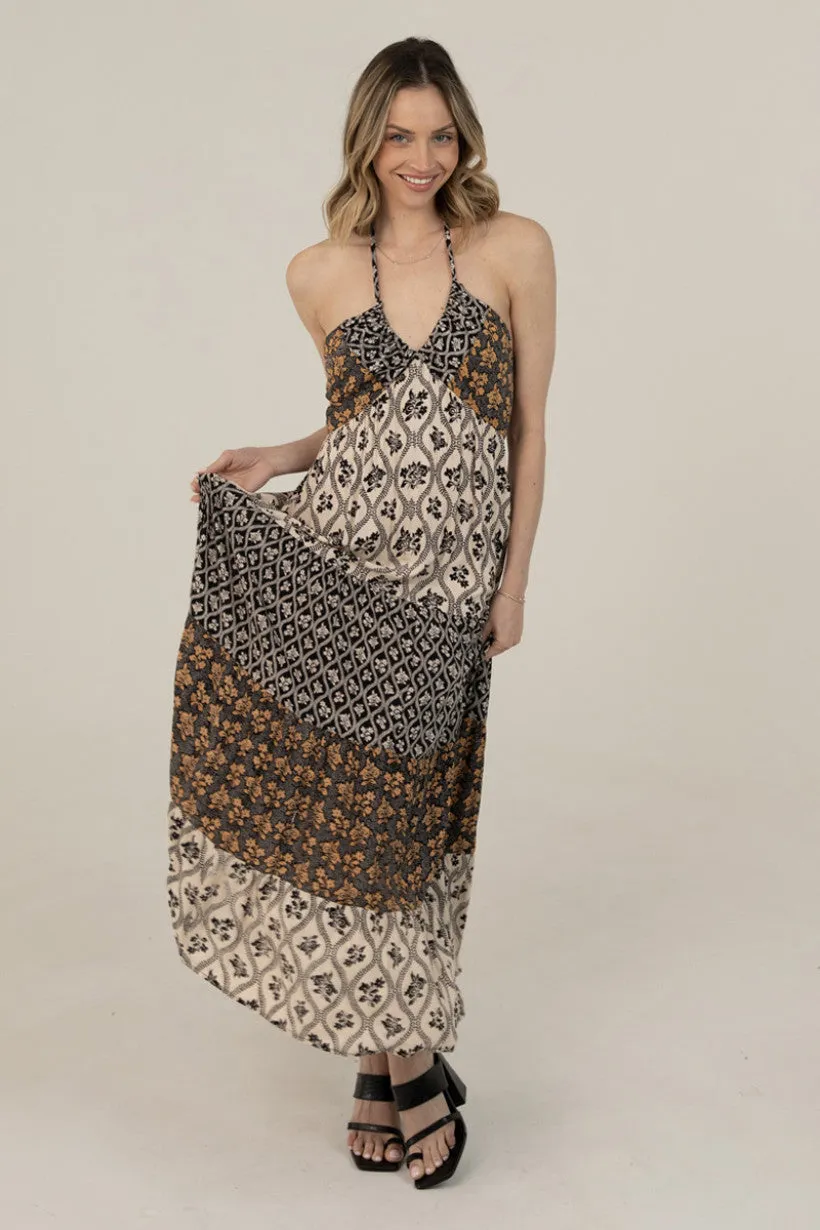 Halter Tie Mixed Print Maxi Dress- Ivory/Black sold by Sunbeam product image thumbnail 3