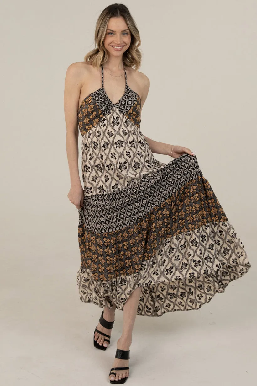 Halter Tie Mixed Print Maxi Dress- Ivory/Black sold by Sunbeam product image thumbnail 4