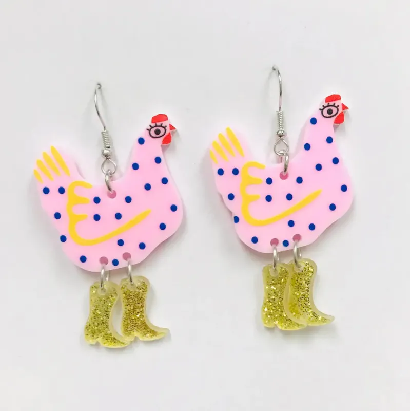 Acrylic Pink Hen with Boots Earrings made by Sunbeam