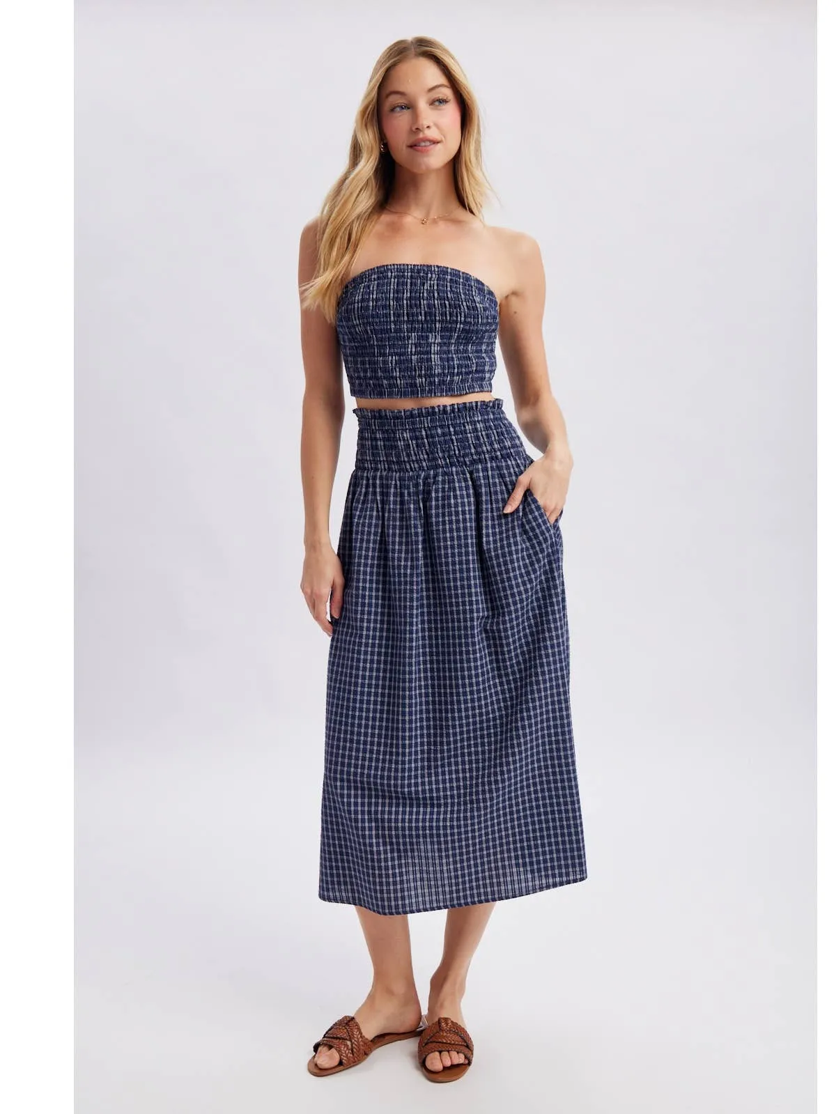 Plaid Tube Top and Skirt Set- Navy/White sold by Sunbeam