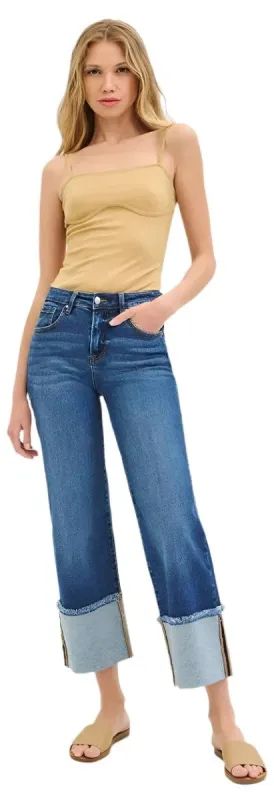 Mid Rise Crop Wide Cuffed Jeans made by Risen
