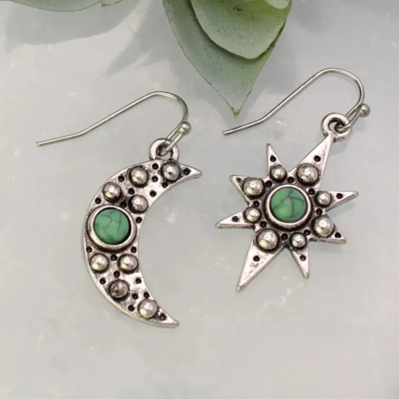Southwest Nights Silver Turquoise Moon Star Earrings made by ZAD
