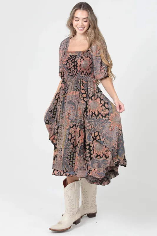 Smocked Bodice Half Sleeve Midi Dress with Hanky made by Angie