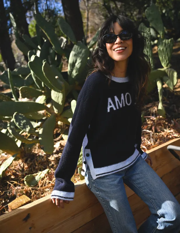 Sundry Amour Intarsia Sweater with Button Side Slits in Deep Navy sold by Sundry