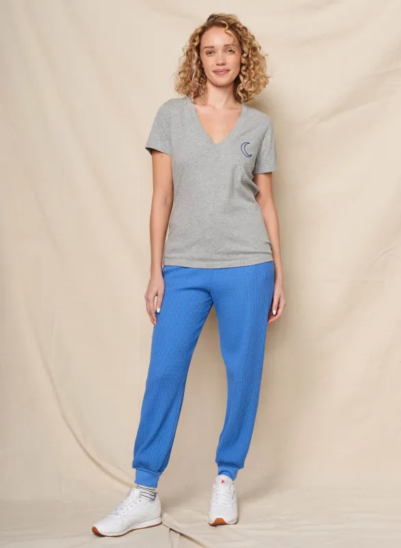 Sundry Moon Embroidery V-Neck Tee in Heather Grey sold by Sundry