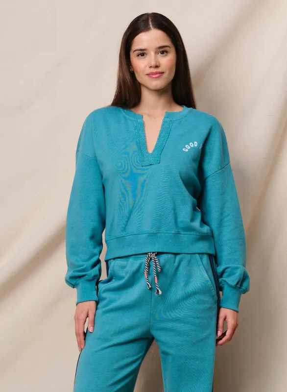 Sundry Good Vibes Split Neck Sweatshirt in Dusty Aqua sold by Sundry