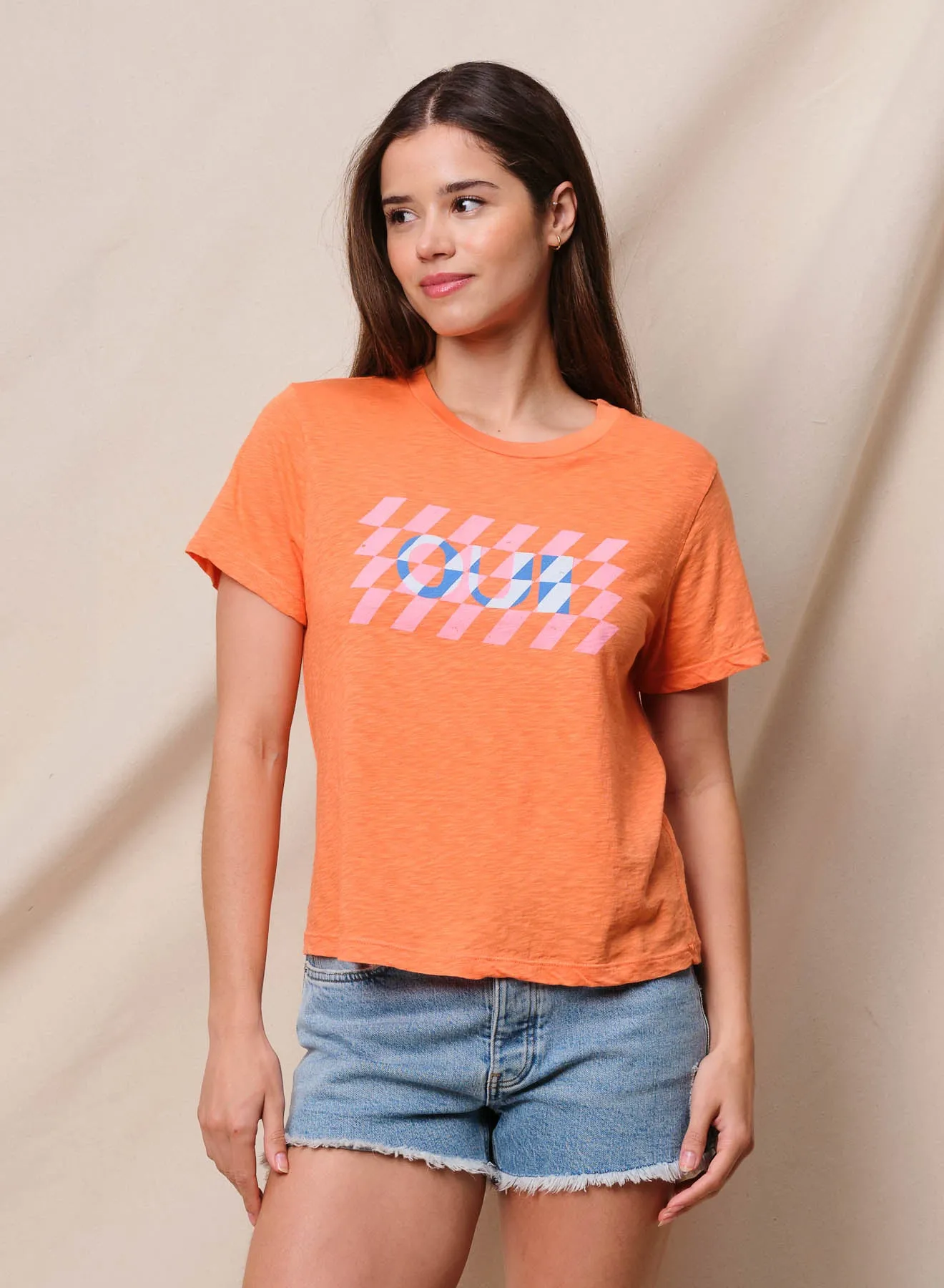 Sundry Oui Short Sleeve Boxy Crew Tee in Blaze Orange sold by Sundry