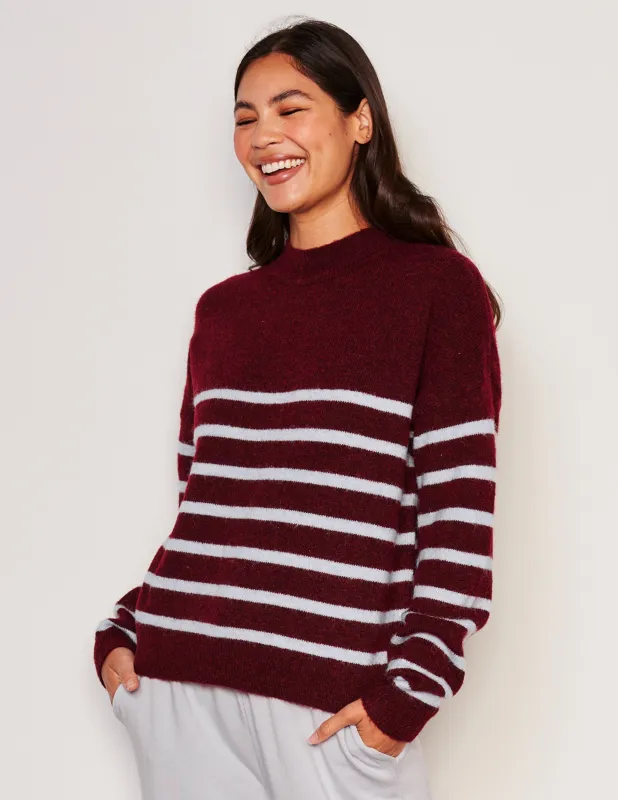 Sundry Stripes Mock Neck Cozy Sweater in Bordeaux sold by Sundry