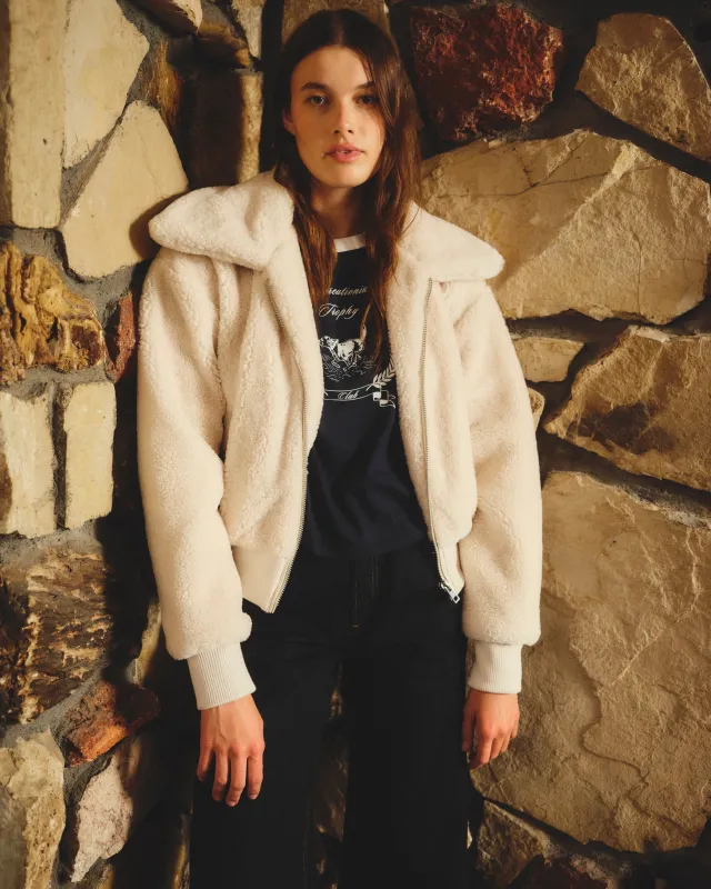 Sundry Sherpa Outerwear Bomber in Oyster sold by Sundry