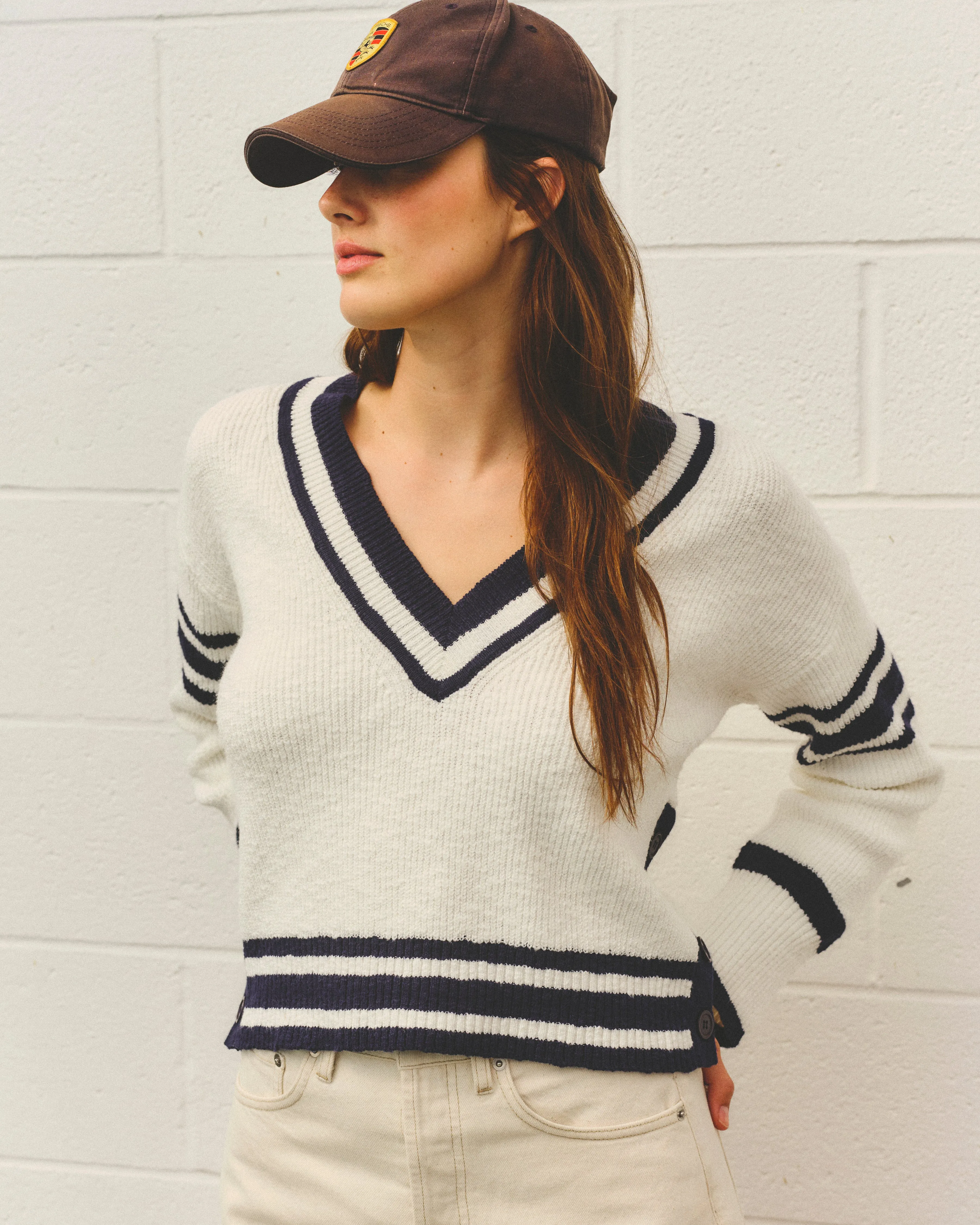 Sundry V-Neck Sweater with Stripe Details in Optic White sold by Sundry product image thumbnail 3