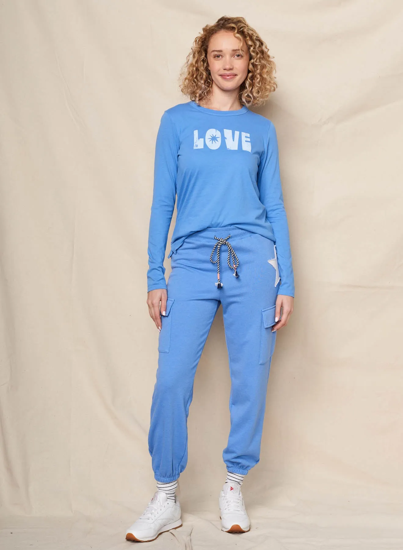 Sundry Love Long Sleeve Crew & Cargo Sweatpant in Lagoon Blue sold by Sundry