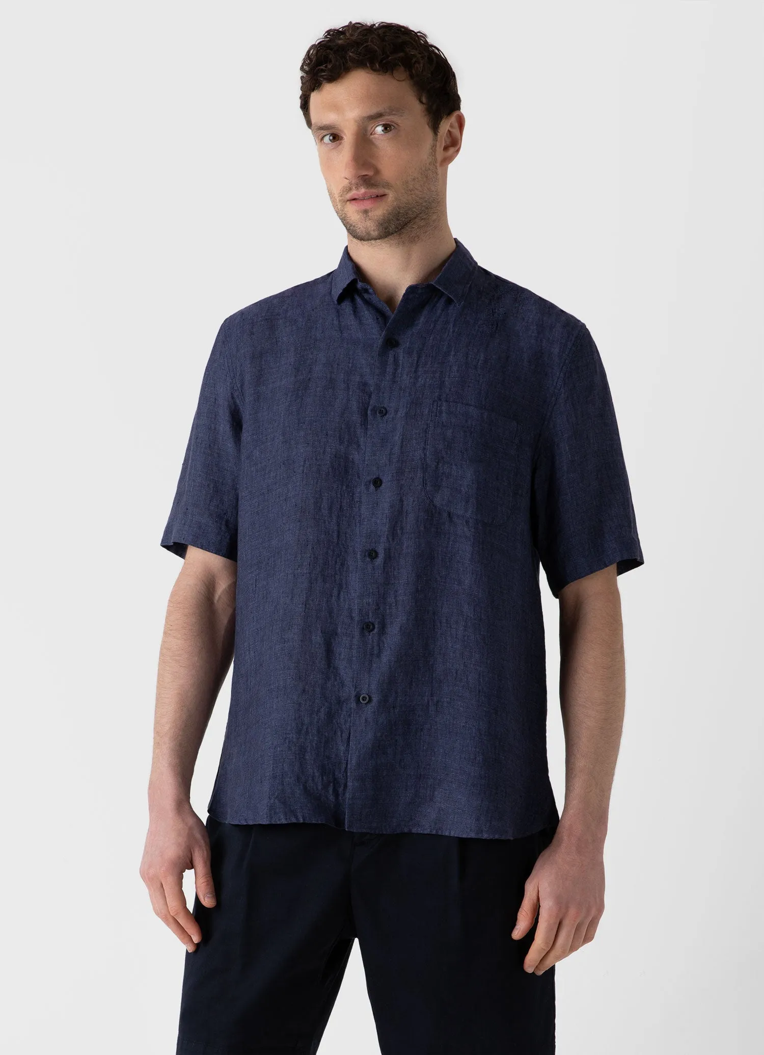 Men's Short Sleeve Linen Shirt in Navy Melange sold by Sunspel product image thumbnail 2