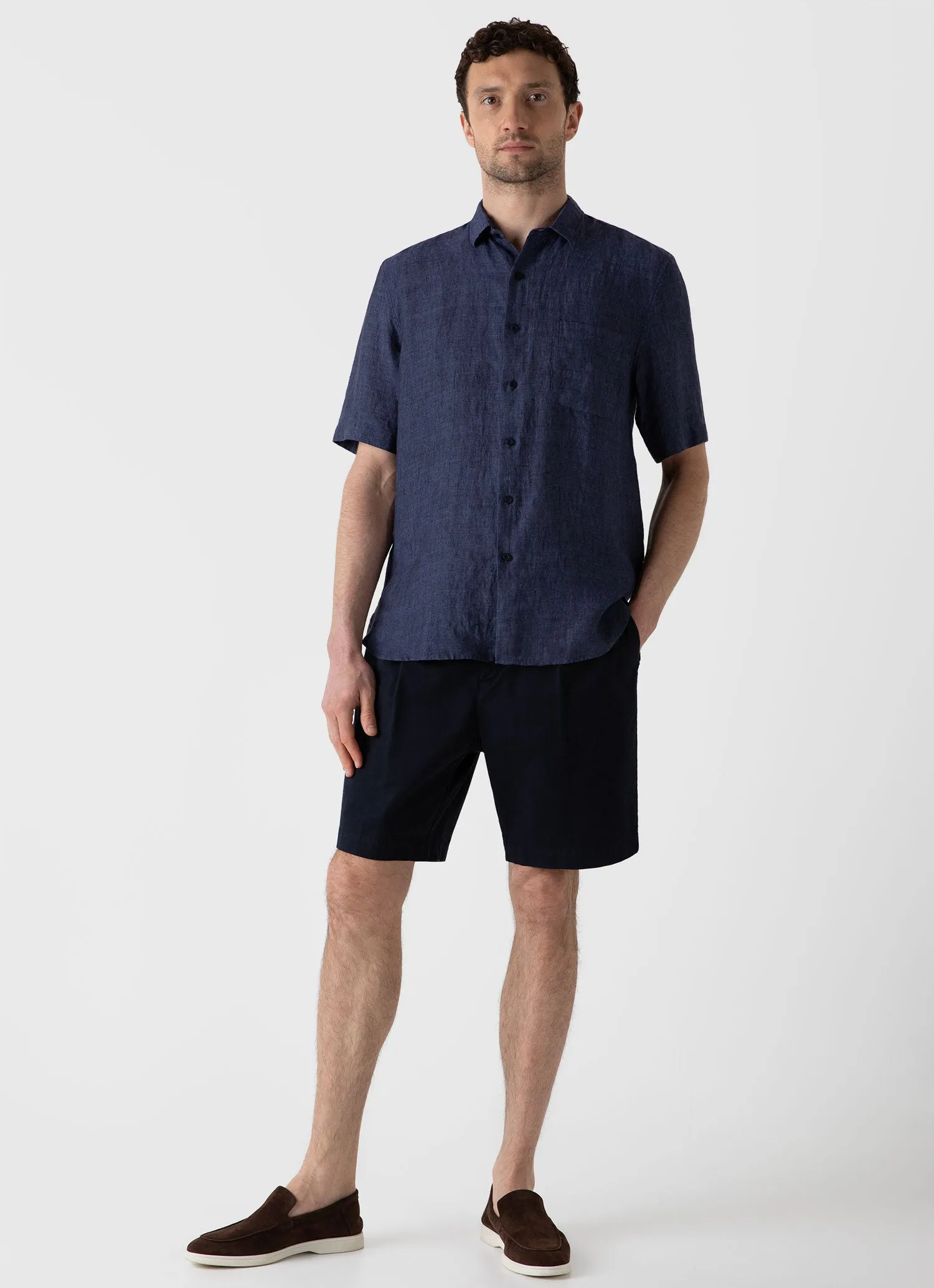 Men's Short Sleeve Linen Shirt in Navy Melange sold by Sunspel product image thumbnail 3
