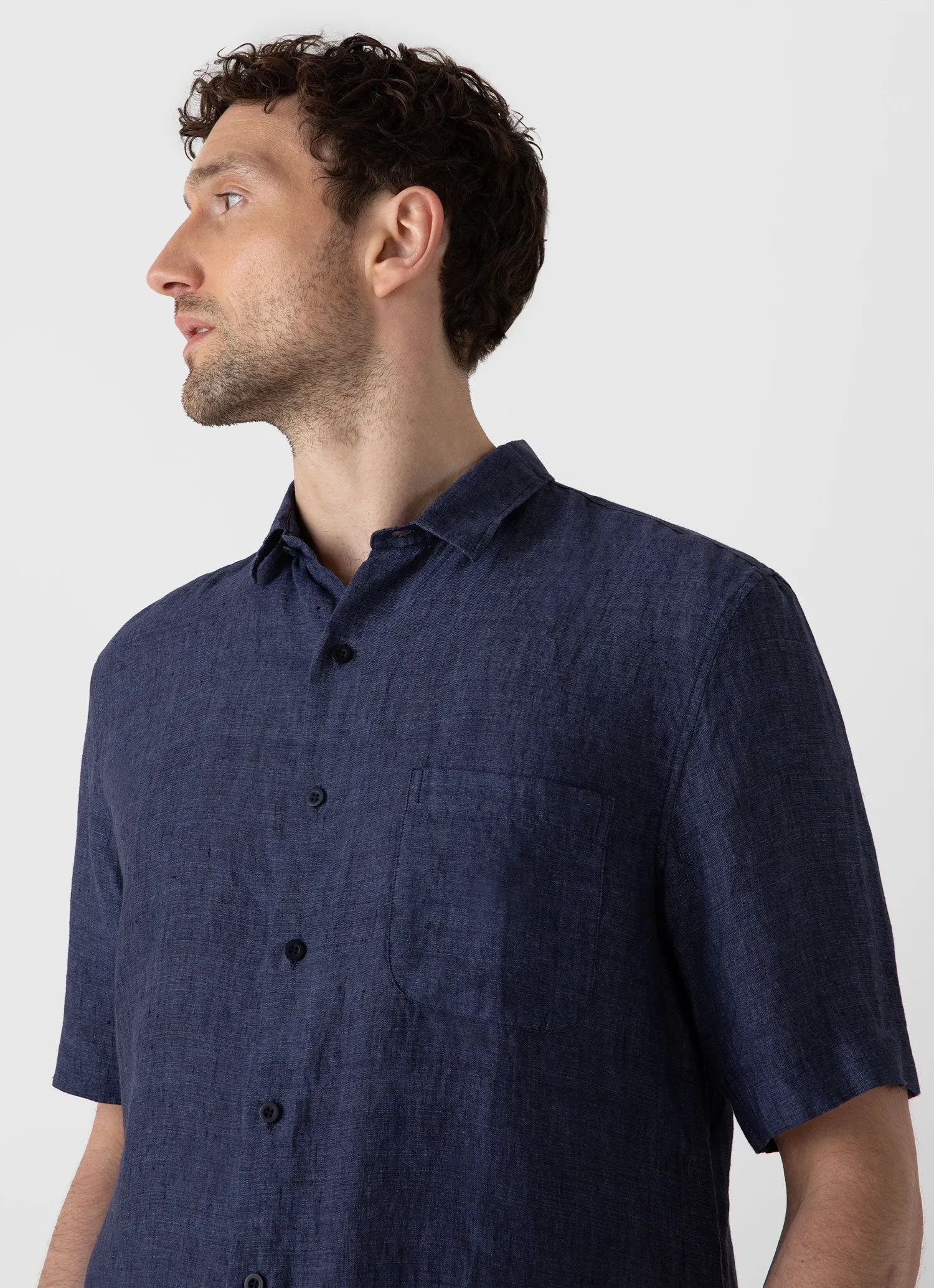 Men's Short Sleeve Linen Shirt in Navy Melange sold by Sunspel product image thumbnail 5