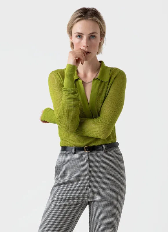 Women's Edie Campbell Open Knit Silk Polo in Apple made by Sunspel