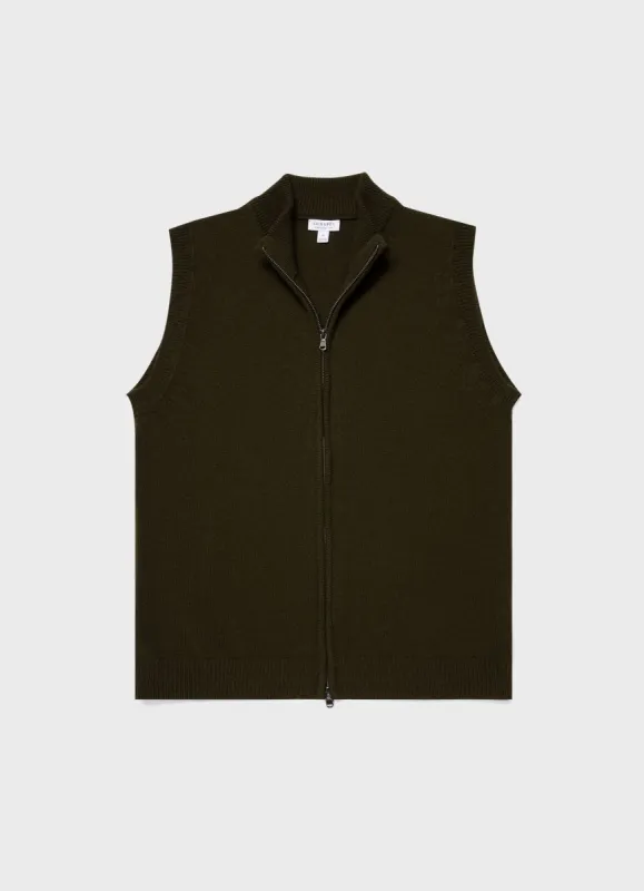 Men's Lambswool Gilet in Dark Olive sold by Sunspel