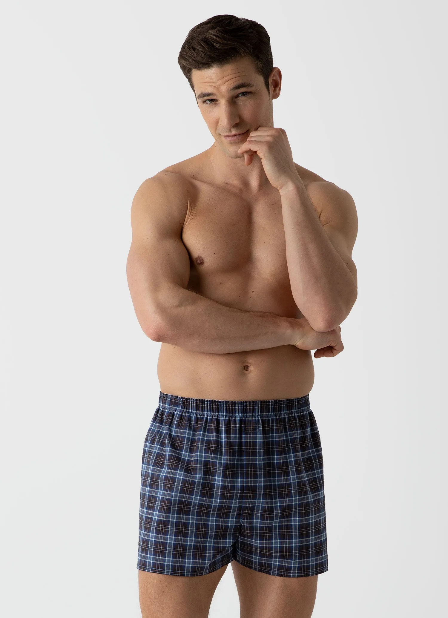 Men's Classic Boxer Shorts in Navy Check sold by Sunspel product image thumbnail 2