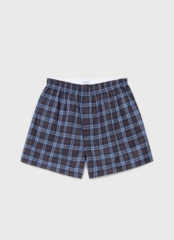 Men's Classic Boxer Shorts in Navy Check sold by Sunspel