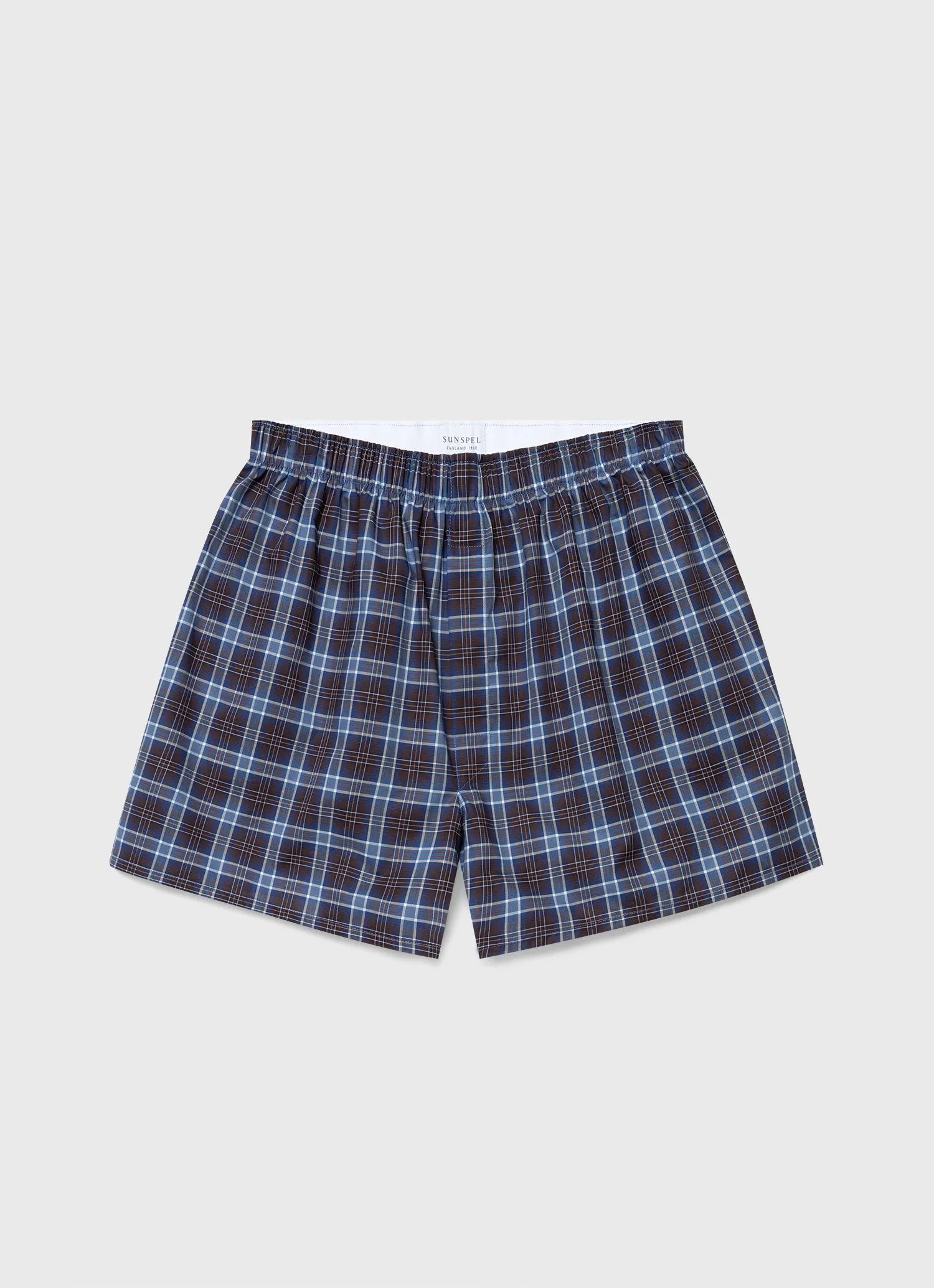 Men's Classic Boxer Shorts in Navy Check sold by Sunspel