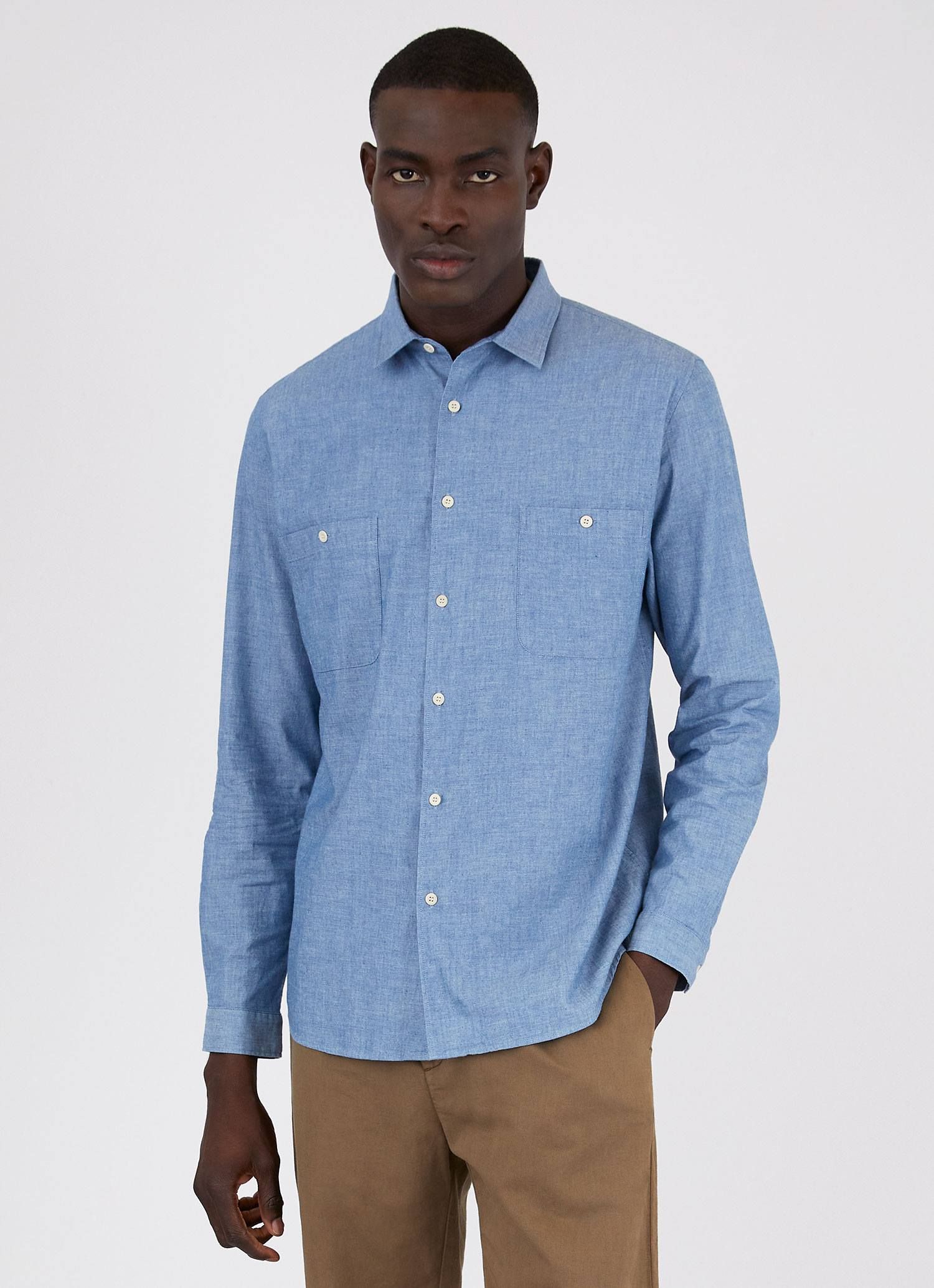 Men's Selvedge Chambray Overshirt in Light Blue Chambray sold by Sunspel product image thumbnail 2