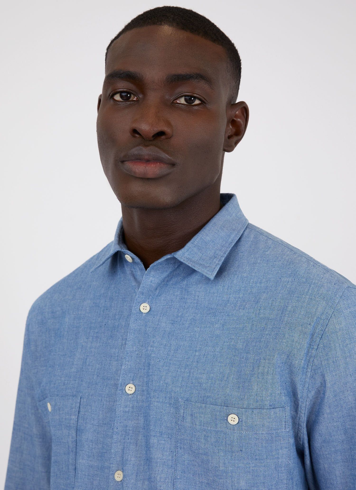 Men's Selvedge Chambray Overshirt in Light Blue Chambray sold by Sunspel product image thumbnail 5