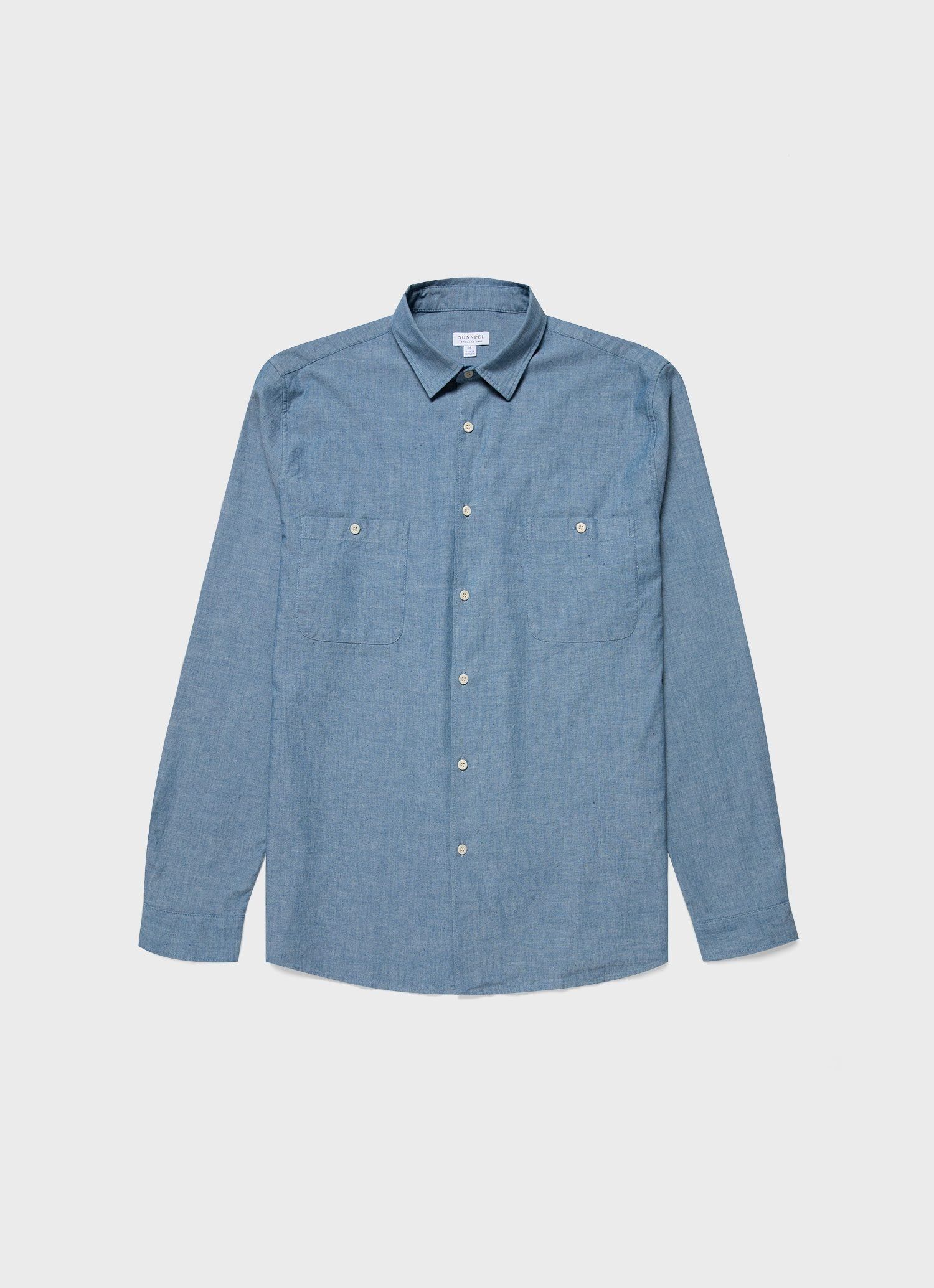 Men's Selvedge Chambray Overshirt in Light Blue Chambray sold by Sunspel