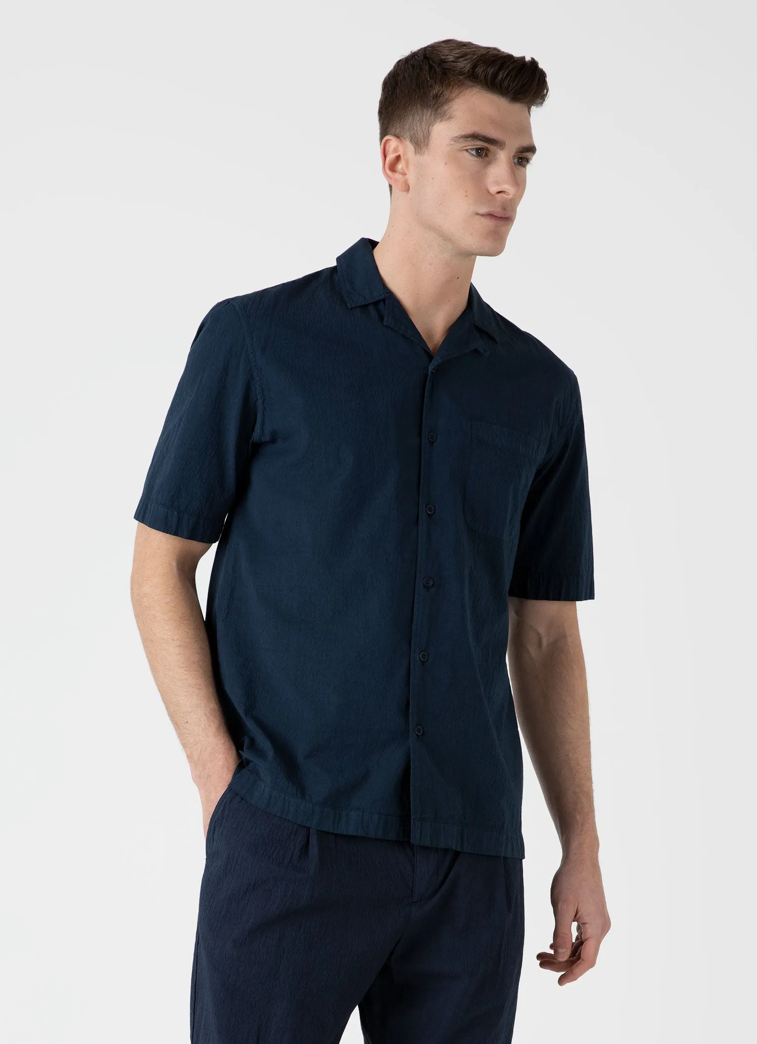 Men's Seersucker Camp Collar Shirt in Navy sold by Sunspel product image thumbnail 2