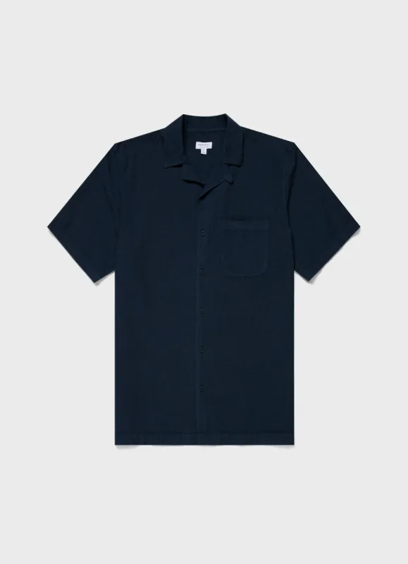 Men's Seersucker Camp Collar Shirt in Navy sold by Sunspel