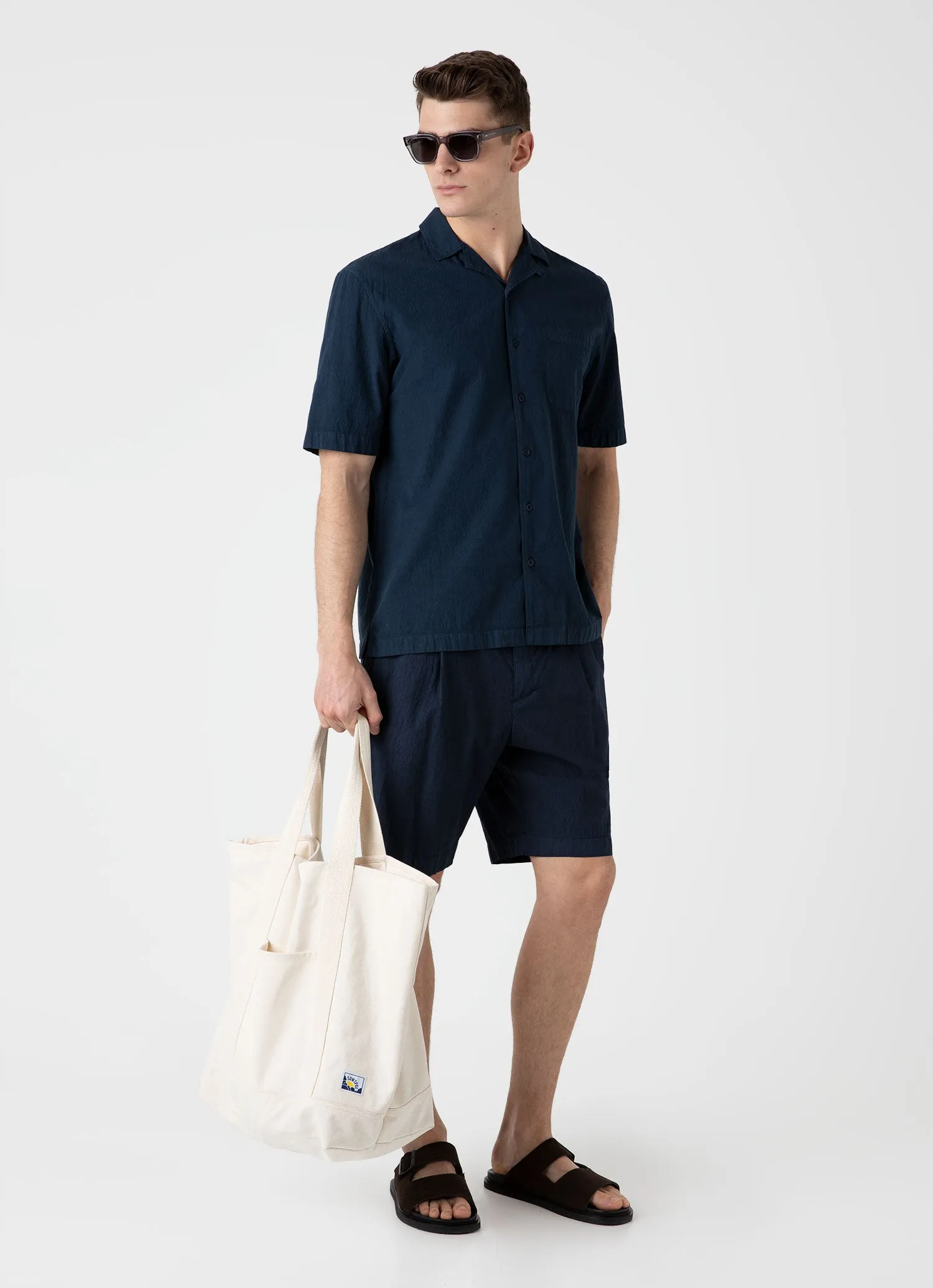 Men's Seersucker Camp Collar Shirt in Navy sold by Sunspel product image thumbnail 3